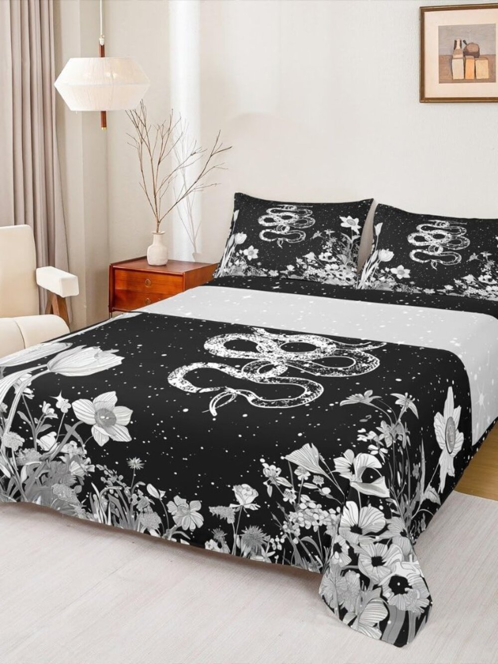 Snake Bed Sheet Full Size,Night Moon Starry Sky Bedding Set 4Pcs,Boho Flower